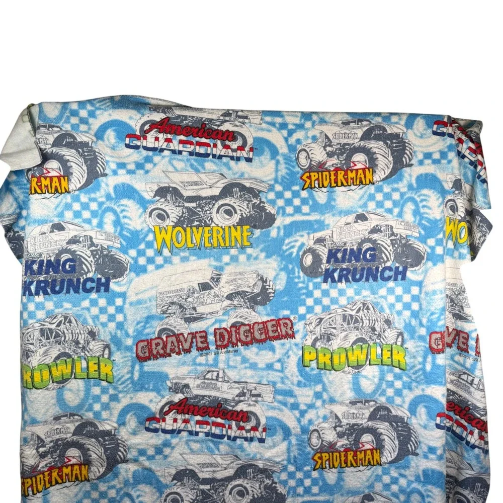 2001 Marvel SFX Monster Jam Truck Blanket 68x84 Spiderman Wolverine Vintage Rare